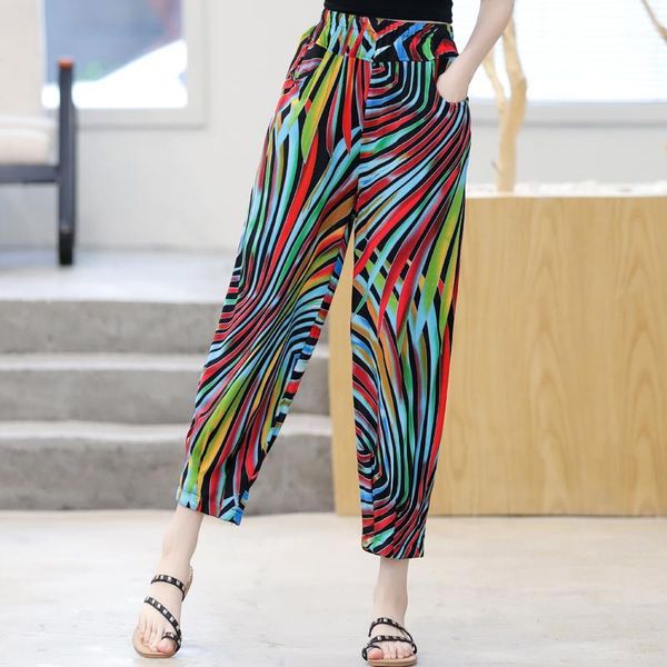 

2020 summer harem pants women loose high waist beach ankle-length trousers plus size casual retro print summer wide leg pants1, Black;white