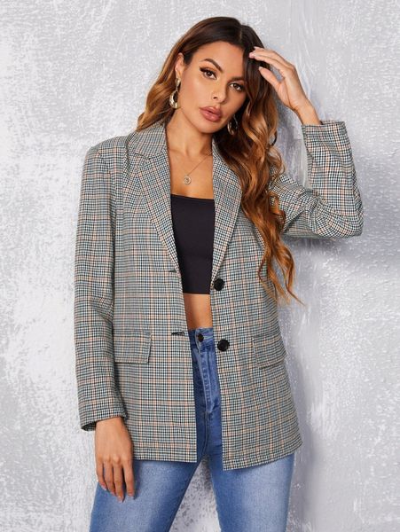 

plaid flap detail double button blazer l69y#, White;black