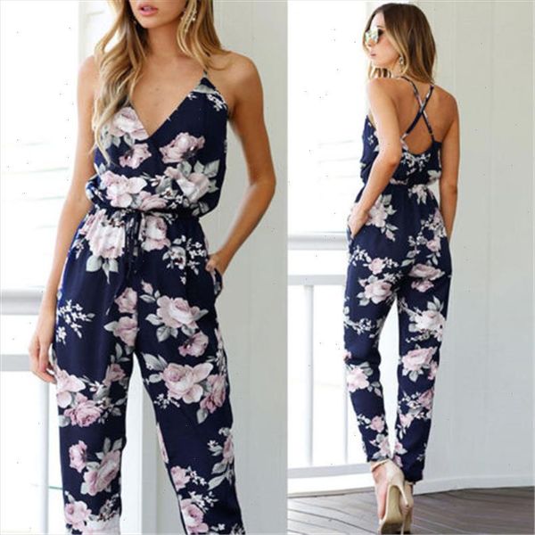 

new trendy women clothes summer bodycon party backless flower print jumpsuit sleeveless polyester v neck romper one pieces, Black;white