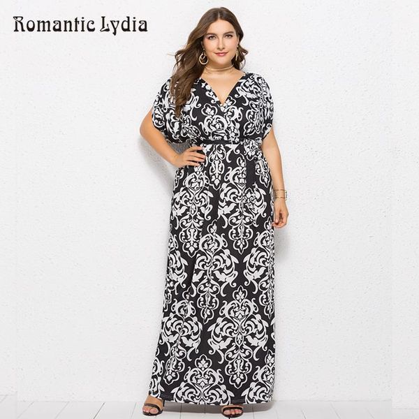 

women autumn v neck flower floral print dresses large sizes loose floor length maxi dress plus size 20181, Black;gray