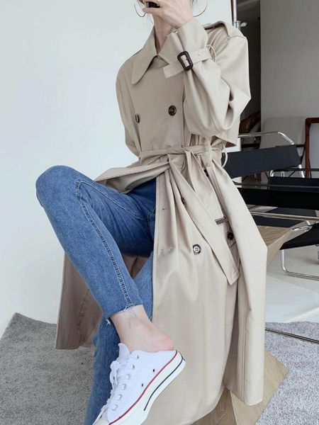 

2021 autumn and winter new korean version of the lapel double-breasted back slit long-sleeved trench coat with belt, Tan;black