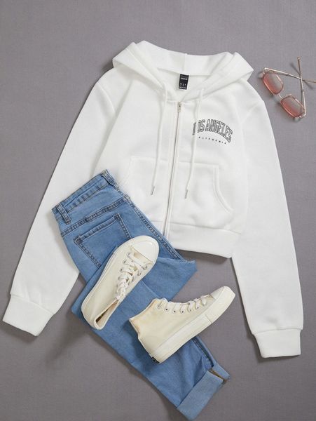 

letter graphic zip up drawstring hoodie f2hk#, White;black