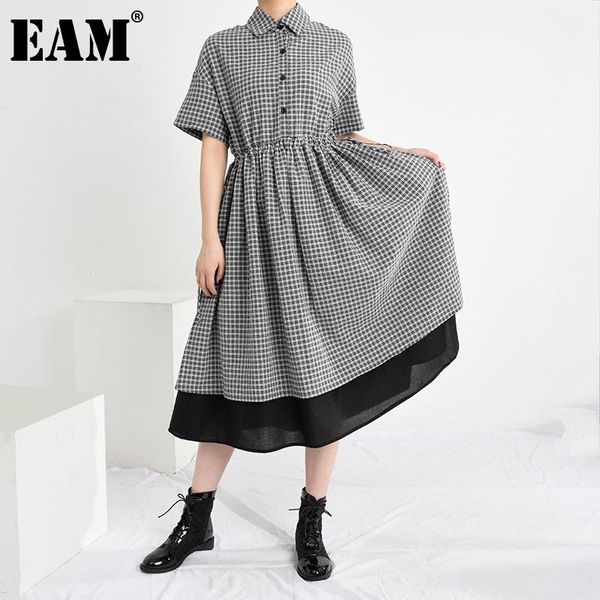 

casual dresses [eam] women black plaid mesh split big size shirt dress lapel short sleeve loose fit fashion tide spring summer 2021 1y35201, Black;gray