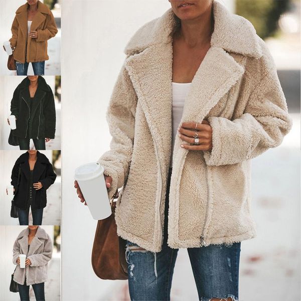 

winter plush coat jacket woman thick warm lapel long sleeve zipper fluffy fake fur jackets female fashion plus size overcoat1, Black