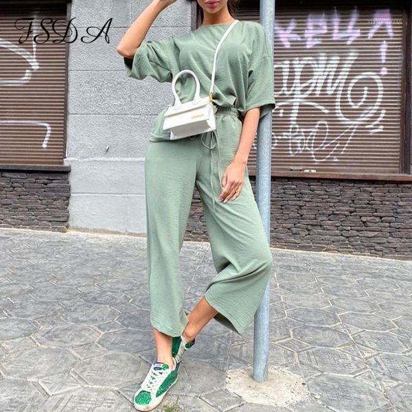 

fsda 2020 summer khaki women set loose short sleeve shirt and long pants bottom two piece seta beach home casual outfit suit1, White