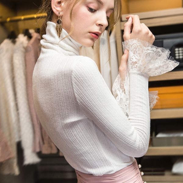 

ueev2 in slim fit new fall 2019 coat t-shirt winter with solid color high neck t-shirt long sleeve and large size bottoming fashion 7, White;black