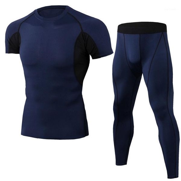 

running sets men's tightfitting fitness training clothes stretch quick-drying set short-sleeved tshirt + trousers two-piece suit sports, Black;blue