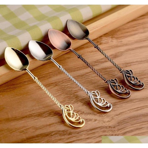 

retro coffee spoon dessert cake spoons gold feather ice cream teaspoon milk sugar kitchen tableware yq00397