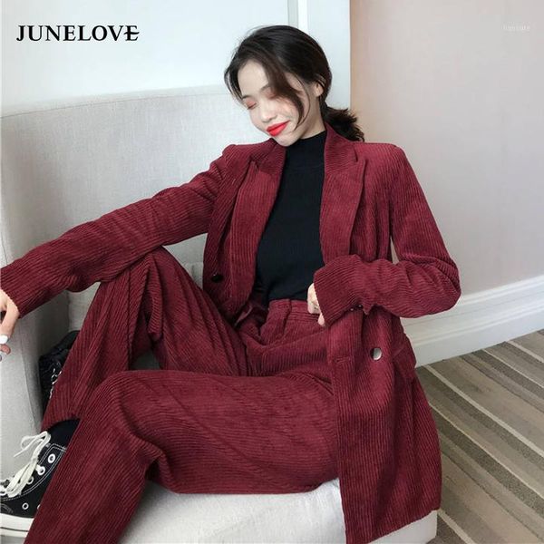 

junelove autumn women elegant sets corduroy blazer notch collar jacket female 2 pieces double breasted coats outwears bottoms1, White;black