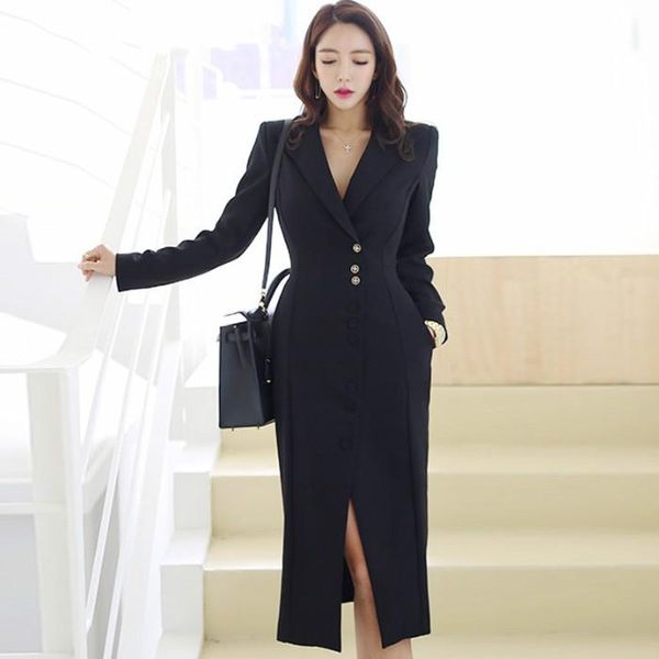 

2021 new women work blazer dress notched collar long sleeve single-breasted business dress office lady split midi, Black;gray