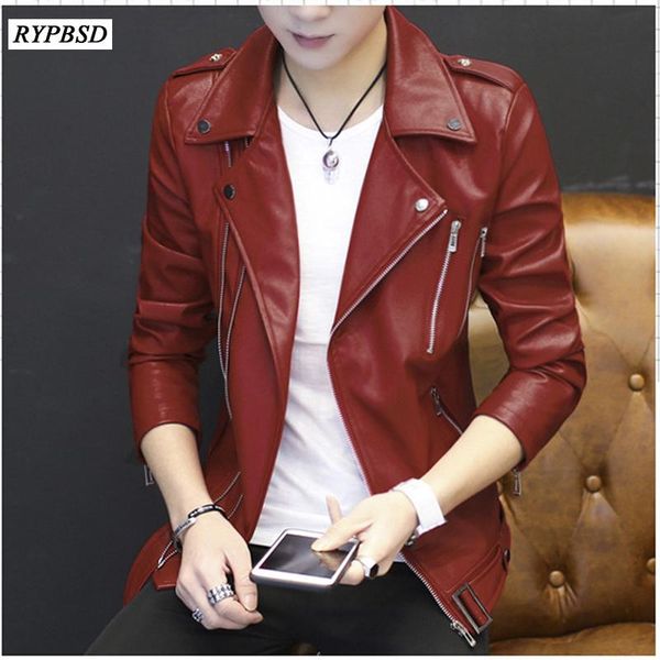 

pu leather jacket 2020 new fashion zipper slim fit causal turn-down collar biker faux leather motorcycle jacket men, Black