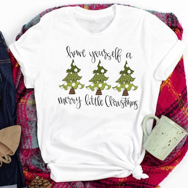 

women lady snow tree short sleeve fashion winter holiday merry christmas print tshirt clothes graphic female t tee t-shirt, White