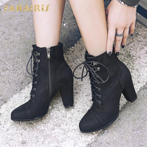 

boots sarairis 2021 big size 43 fashion elegant office ladies high heels shoelaces ankle female winter shoes woman, Black