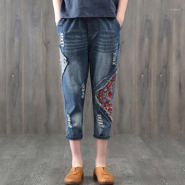 

2020 summer capris vintage elastic mid waist jeans woman embroidery ripped jeans for women harem denim pants plus size1, Blue