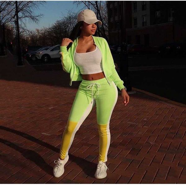 

women foreign style fluorescent green contrast outdoor running sweatshirt tight zipper cardigan fitness 2piece elastic yoga suit, Black;blue