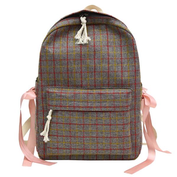 

women sen literary retro plaid bag female small fresh plaid bow student backpack canvas material zipper student backpack