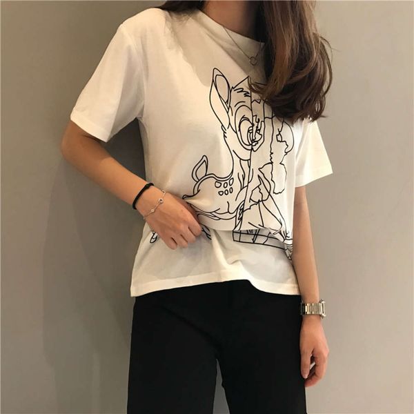 

summer 2020 new men's clothing sketch line fawn direct jet printing short sleeve t-shirt women's pure cotton lovers' wear, Black;gray