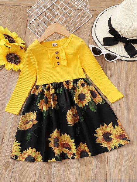 Toddler Girls Girasole Stampa Pulsante falso Bull Ruffle Trim Dress Lei