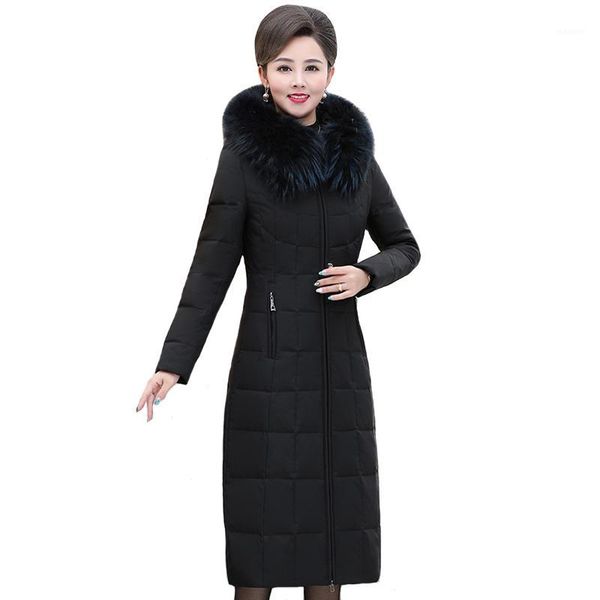 

middle-aged women winter x-long coat with real fur plus size 5xl thicken warm slim cotton padded jacket winter womens parkas1, Black