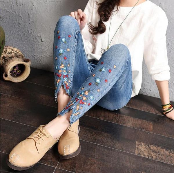 

stretch embroidered jeans for women elastic flower jeans female pencil denim pants little flower pattern pantalon femme, Blue