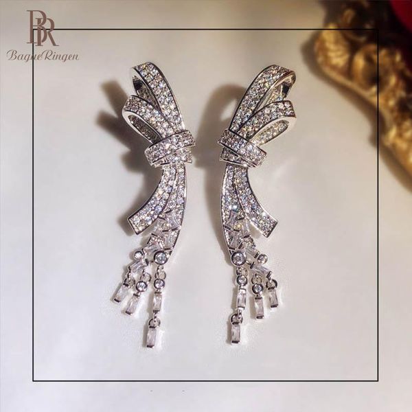 

bague ringen silver 925 earrings for women trendy fine jewelry shiny zircon bowknot tassels female long ear drops banquet party