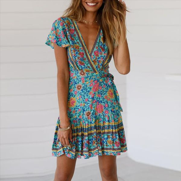 

women dress summer v neck floral print boho party beach dress short sleeve a line swing mini sundress vestidos 2019, Black;gray