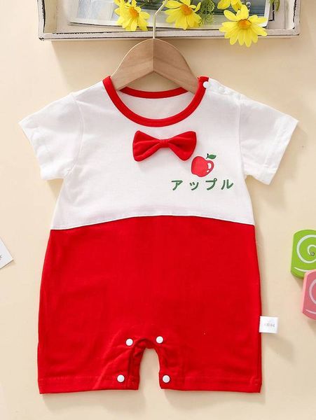 

baby apple & japanese letter graphic bow front romper she, Blue
