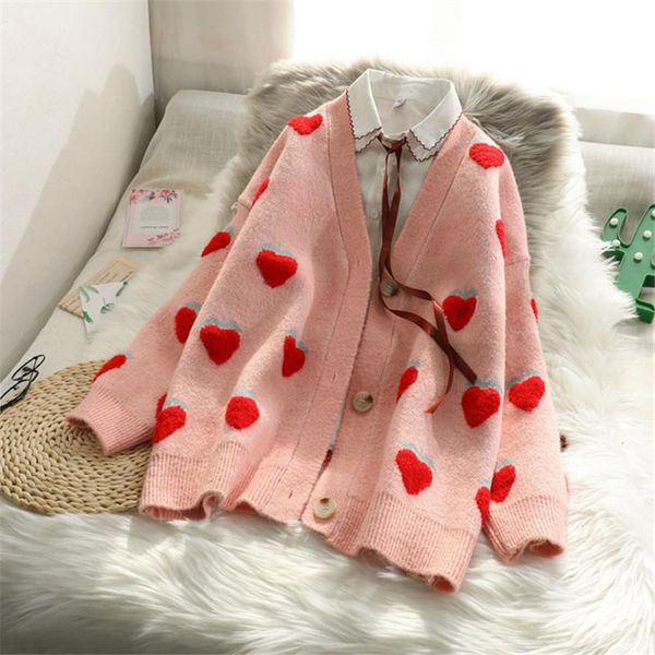 

cute strawberry pattern v neck women cardigan loose casual knitted warm sweater outwear girls streetwear fall cloth, White