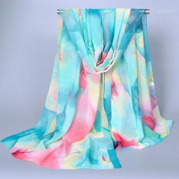 

100d chiffon scarf oil painting leaves print silk scarf printed soft hangzhou silk beach shawl sunscreen ladies towel1, Blue;gray