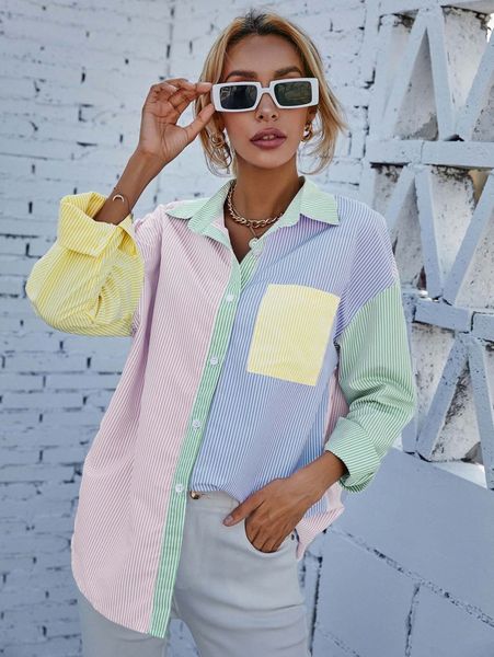 

striped print colorblock drop shoulder blouse j5bb#, White