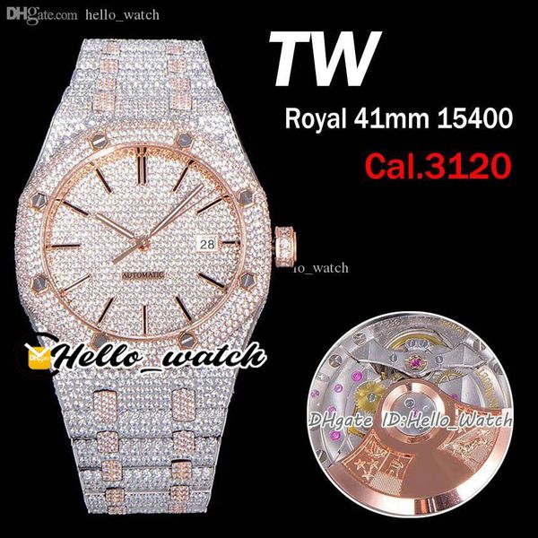 

luxury 15400 paved diamond dial cal.3120 automatic mens watch stick markers fully iced out watches two tone rose gold bracelet hello_watch, Slivery;brown