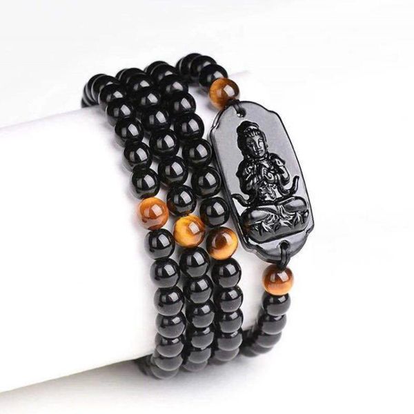 

fyjs unique black obsidian stone engraved bodhisattva connect round beads bracelet religious amulet jewelry