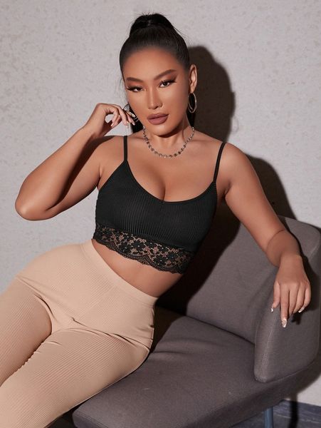 

petite contrast lace ribbed knit crop cami e8zi#, White