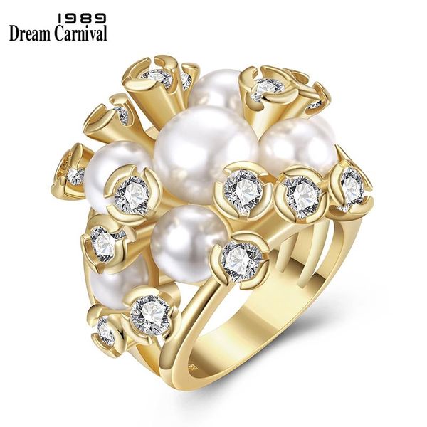 

dreamcarnival 1989 beautiful wholesale synthetic pearl white cubic zirconia anel big cluster rings women birthday gift wa11501, Golden;silver