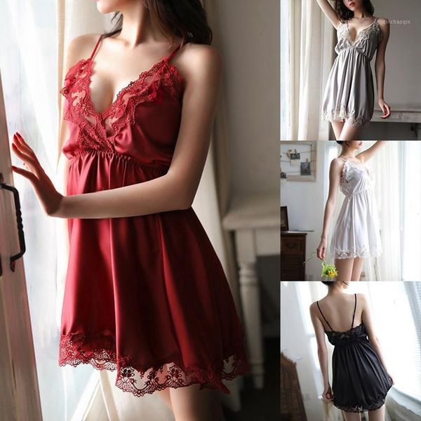 

ladies night dress v-neck sleepwear satin nightgown slip nighties summer lace lingerie for women sleeveless nightdress 20201