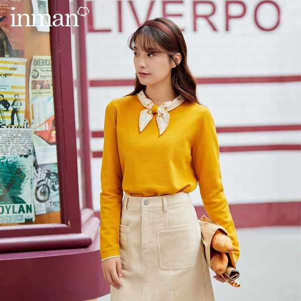 

inman 2020 autumn winter new arrival sweet style with romantic lace-up polka-dot bow tie knit pullover hit color long-sleeved wo, White;black