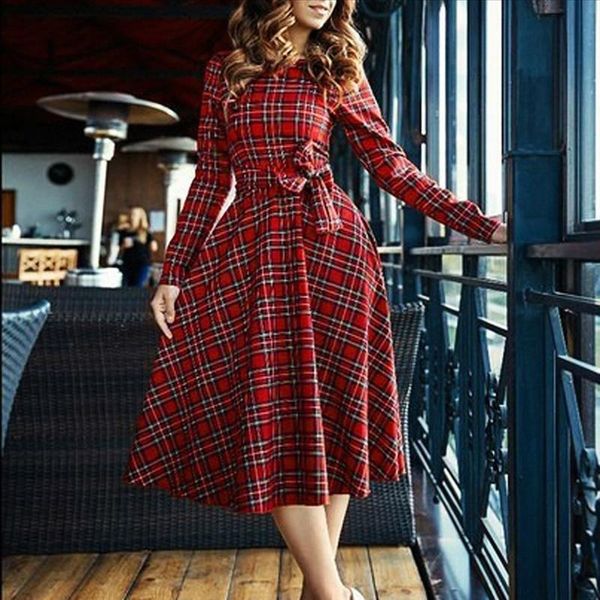 

38# women autumn checkered vintage casual vintage long sleeve plaid cocktail party long dress for women elegant, Black;gray
