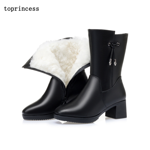 

bn11 incess warm shoes women boots with zipper round toe mid calf leather faux fur lined boots for ladies winter ankle, Black