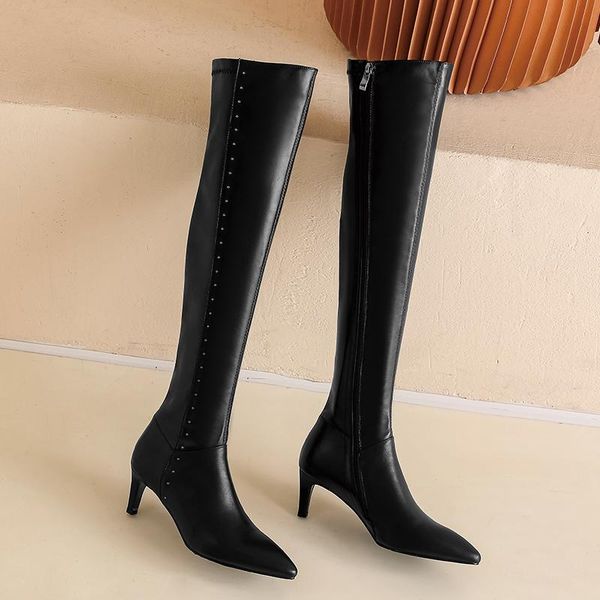 

genuine leather high heels ladies boots thigh high over the boots for women shoes woman 2020 night club, Black