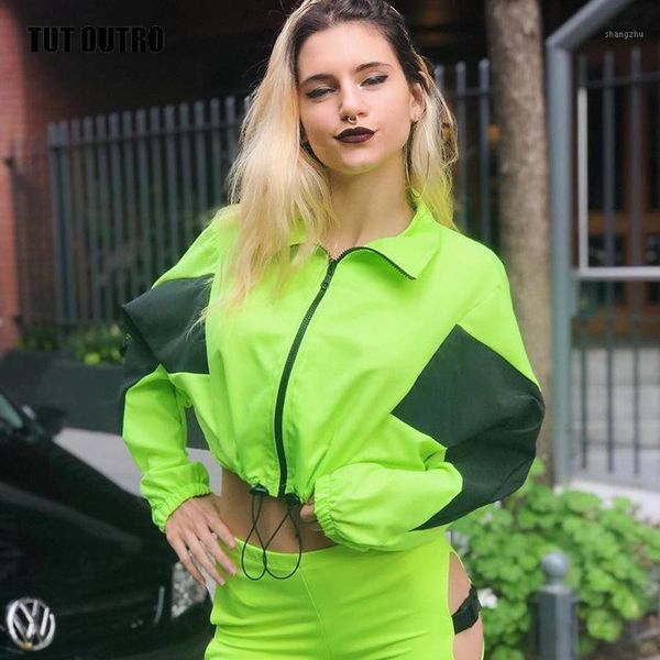 

fluorescence green cropped jacket women casual loose zipper coat harajuku fashion autumn female long sleeve pullover femme1, Black;brown