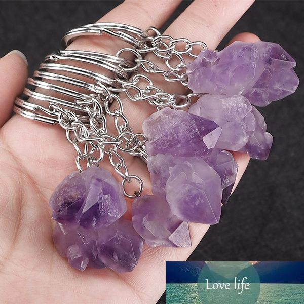 

natural stone keychains handbag purse holder nuggets raw real amethysts crystal quartz stone dangle car clasps chains key rings, Silver