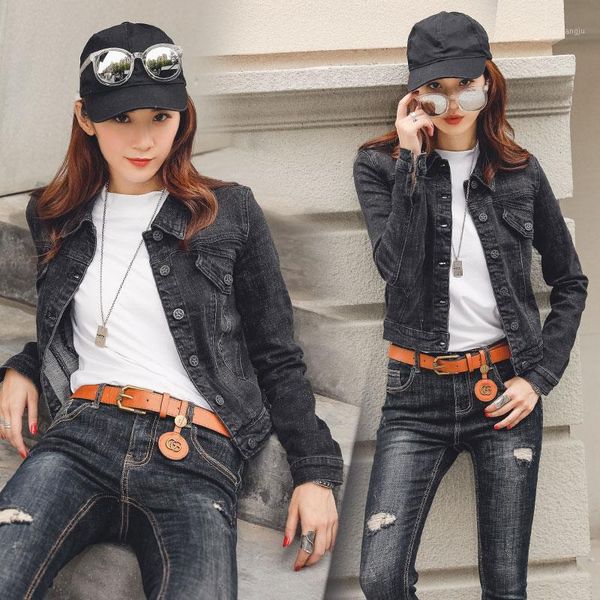 

new fashion collar single breasted 2020 spring autumn quality season long sleeve lapel leisure denim jacket women w31, Black;brown