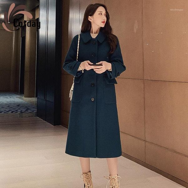 

cotday single breasted korea style casual navy blue loose temperament 2020 new women winter warm woolen blend coat1, Black