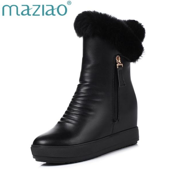 

maziao 2020 women mid calf boots wedges heel zipper fashion snow boots keep warm wiinter round toe women snow size 34-39, Black