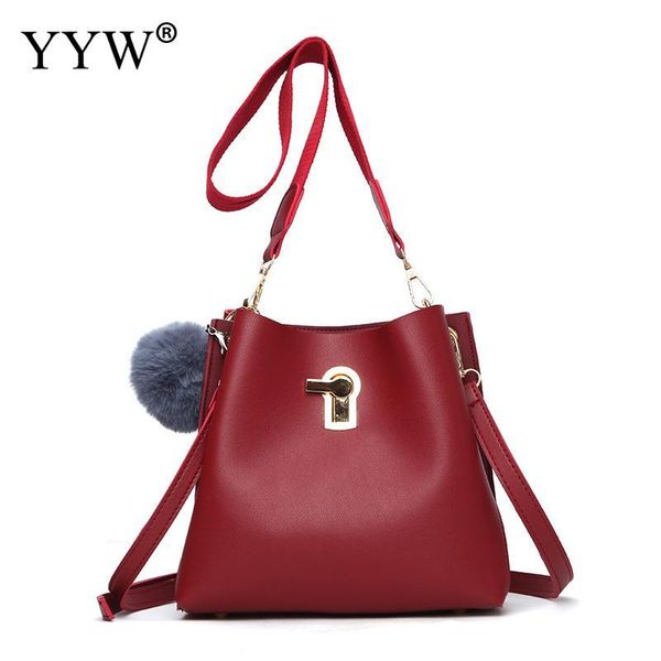 

leather bucket bag for women's handbag inspirational soft surface shoulder bags with fur ball handbag female tote