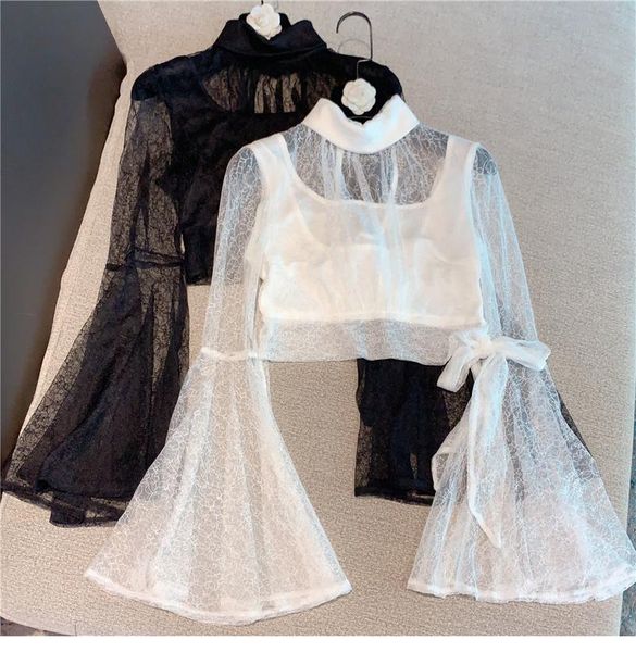 

women's blouses & shirts short lace shirt women retro elegant stand collar large bell sleeve gauzy blouse lady chic white black