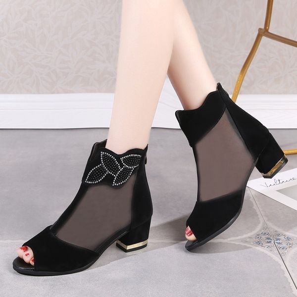 

lucyever elegant ladies black air mesh high square heel sandals summer peep toe crystal floral black pumps shoes woman y200405