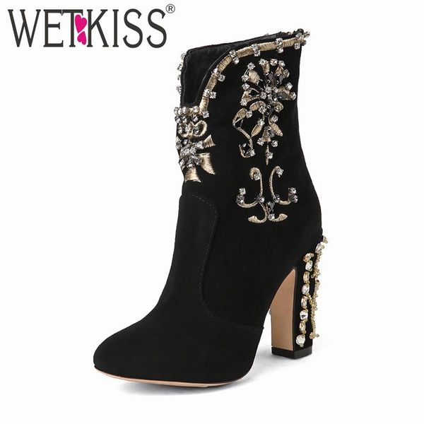 

wetkiss high heels women ankle boots round toe footwear crystal kid suede female boot embroider shoes woman spring 2020 new, Black