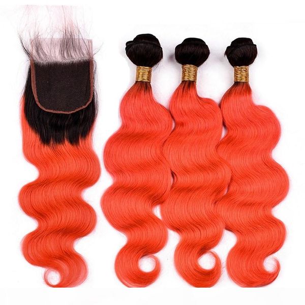 

orange ombre hair bundles with closure body wave #1b orange ombre brazilian human hair 3 bundles with closure ombre lace front closure 4x4, Black;brown