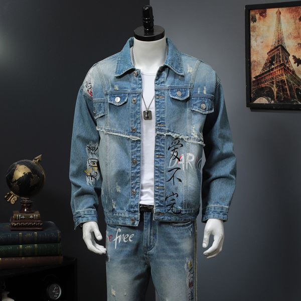 

new brand autumn jacket men's jeans sets jackets+pants blue two pieces sets casual tracksuit male casual denim trouse 1022, Gray